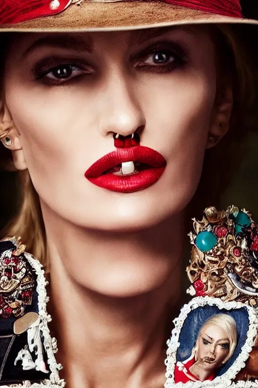 Image similar to dolce & gabbana campaign featuring donald trump as a cowgirl, long eyeslashes, huge juicy lips, big seductive eyes, unprocessed colors, # nofilter, shot by annie leibovitz, realistic vfx simulation