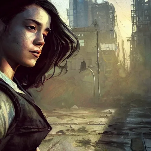 Prompt: fallout 5, charismatic beautiful rugged brunette female protagonist, portrait, outdoors ruined cityscape, atmospheric lighting, painted, intricate, volumetric lighting, beautiful, daytime, sunny weather, few clouds, sharp focus, deep colours, ultra detailed, by leesha hannigan, ross tran, thierry doizon, kai carpenter, ignacio fernandez rios