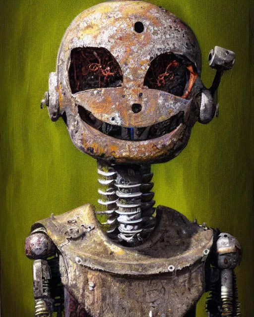 Prompt: detailed oil painting of a decayed, rusty, humanoid robot, covered in moss