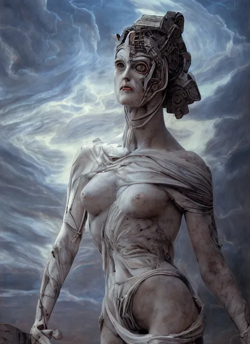 Image similar to portrait of a diabolical marble cyborg girl, ancient greek statue, wearing torn white cape, dynamic pose, thunder, glowing eyes, post apocalyptic ancient ruins, glowing veins subsurface scattering, in clouds, sunset, portrait, by gerald brom, by mikhail vrubel, by peter elson, muted colors, extreme detail, trending on artstation, 8 k