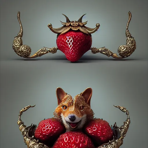 Image similar to strawberry corgi : by michal karcz, daniel merriam, victo ngai and guillermo del toro : ornate, dynamic, particulate, intricate, elegant, highly detailed, centered, artstation, smooth, sharp focus, octane render