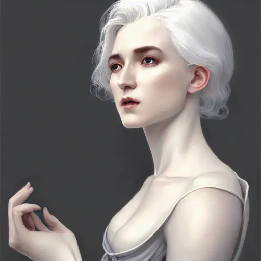 Image similar to white haired aristocrat, full body portrait, gentle, solemn face, cloth, female, city landscape, d & d, fantasy, intricate, elegant, digital painting, white grey color palette, artstation, octane render, concept art, matte, sharp focus, illustration, herrarthstone, art by artgerm and greg rutkowski and alphonse mucha