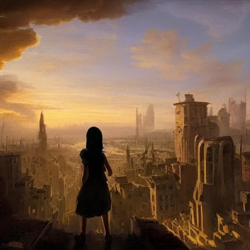 Prompt: a girl looks over a city at sunset, the city is a sprawling medieval city that is built amidst decaying brutalist cyclopean architecture and overgrown by the rainforest, rpg, hubert robert, cityscape, vista, dying earth