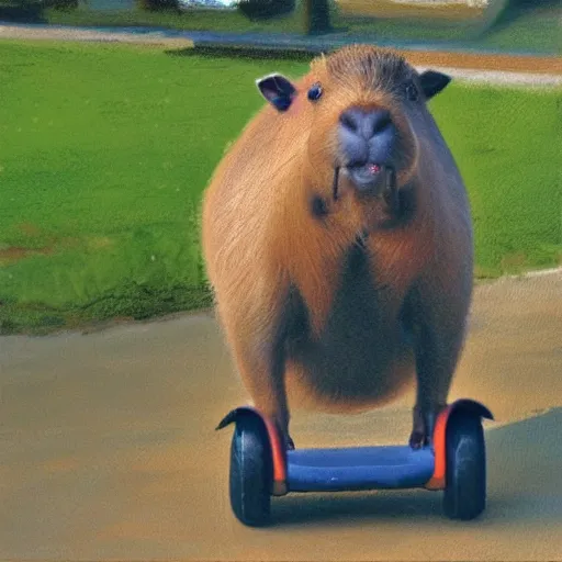 Prompt: impressionist painting of a capybara standing up riding a Segway