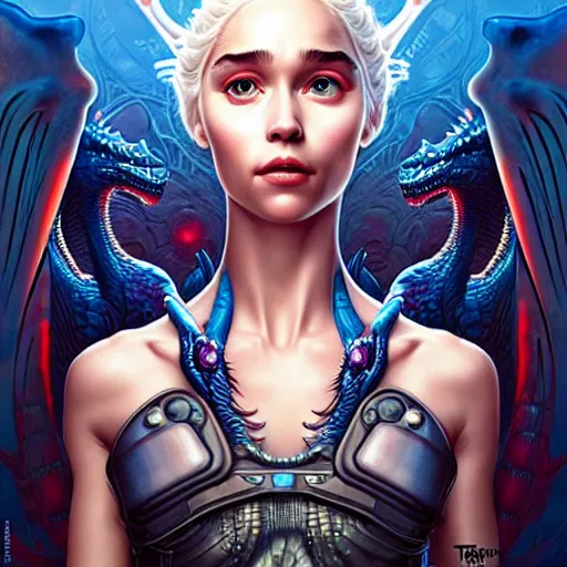 Image similar to Lofi BioPunk portrait daenerys targaryen with three dragons, Pixar style by Tristan Eaton Stanley Artgerm and Tom Bagshaw