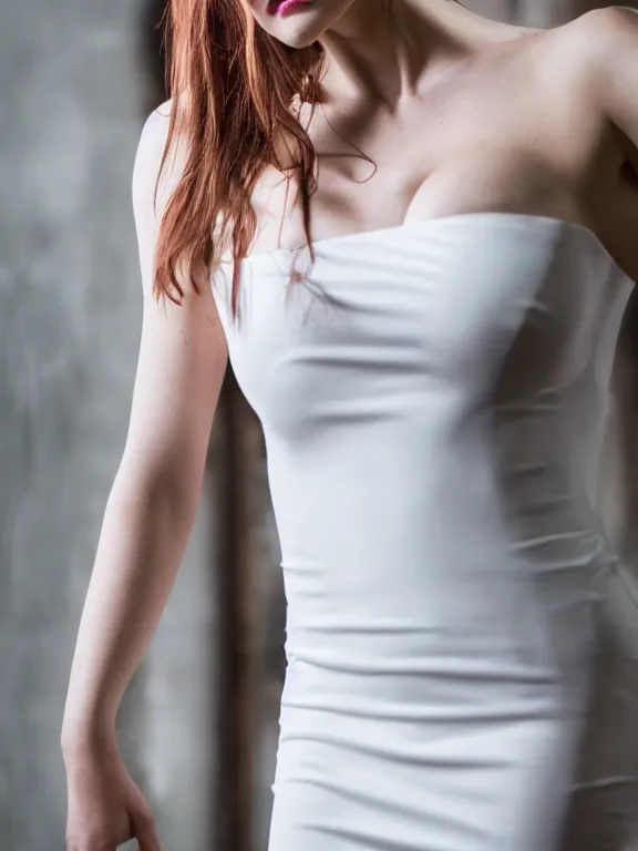 Image similar to 2 8 mm studio photo of gorgeous seductive emily skinner cosplaying annie leonhart wearing tight white dress, beautiful face, pale skin, rule of thirds, cinematic lighting, sharp focus, backlit, stunning, smooth, hard focus, glamour pose, full body shot
