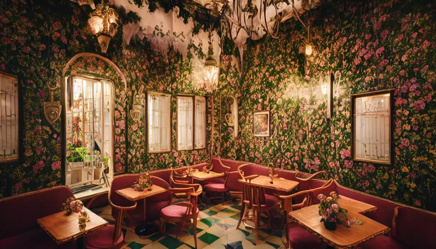 Prompt: Dreamy photo of a very cozy cafe that is transforming into a surreal castle with emple details, lush plants and flowers, in the style of Gucci, photographed by Petra Collins and Wes Anderson, glowing lights, magic details, very detailed, 8k, trending on artstation, very detailed