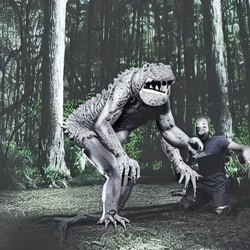 Image similar to werecreature consisting of a alligator and a human, werealligator, photograph captured in a dark forest