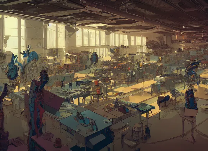 Image similar to large fancy showroom for designers, workshop. sharp focus, cinematic pose, cinematic lighting, unreal engine render. art by josan gonzales and moebius and deathburger.