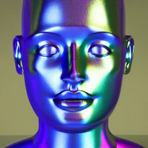 Image similar to 3d render of holographic human robotic head made of glossy iridescent, surrealistic 3d illustration of a human face non-binary, non binary model, 3d model human, cryengine, made of holographic texture, holographic material, holographic rainbow, concept of cyborg and artificial intelligence