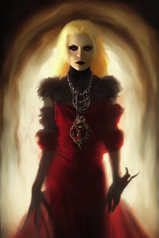 Prompt: female occultist, sweeping wild blonde hair, red eyes, portrait, high cheekbones, smug, evil, victorian, black velvet dress, dark colors, ruby jewelry, moody, nefarious, villain, crimson halo, fantasy painting by Craig Mullins and Charlie Bowater