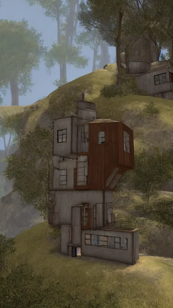 Image similar to a modernist house in the video game myst