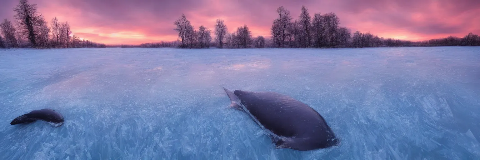 Image similar to amazing landscape photo of a frozen whale underneath a frozen lake at sunset by marc adamus beautiful dramatic lighting