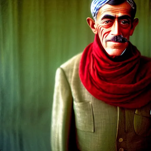 Image similar to portrait of president woodrow wilson as afghan man, green eyes and red scarf looking intently, photograph by steve mccurry