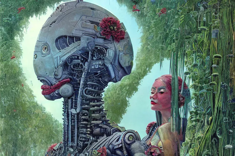 Image similar to gigantic robot - girl head floating in the space, a lot of exotic plants, trees, flowers, oldschool vintage sci - fi flat surreal grainy design, super - detailed, painting by enki bilal and moebius, hd, 4 k, high quality