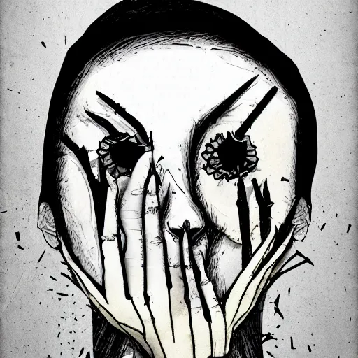 Image similar to face shredded like paper news scared, dark horror, surreal, illustration, by ally burke