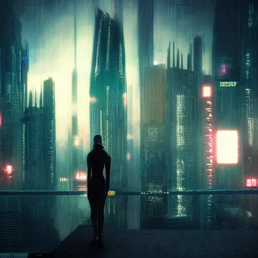 Image similar to « futuristic city, cyberpunk, blade runner, sunrise, morning, girl watching the sky, ground view to the top »