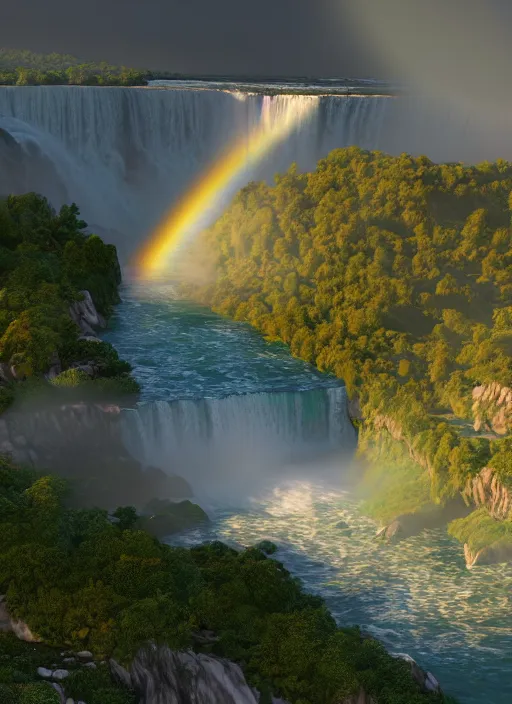 Prompt: cascade of niagara falls, epic mountainscape, dawn, fantasy illustration, matte painting, concept art, volumetric lighting, volumetric atmosphere, vivid colors, art by james gurney, unreal engine 5, 8 k