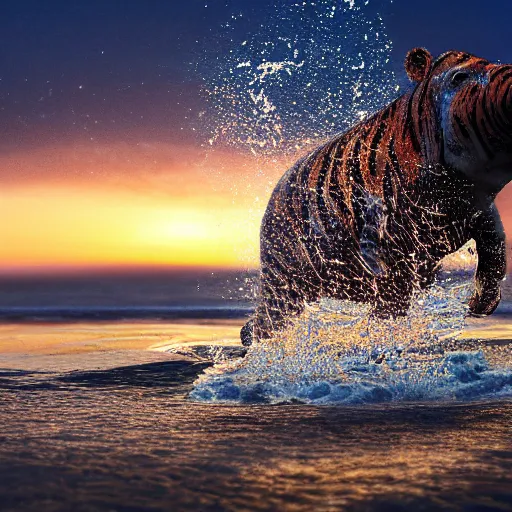 Image similar to a closeup photorealistic photograph of a cute smiling knitted tiger hippopotamus splashing after beachballs during sunset. surf in background. professional capture. this 4 k hd image is trending on artstation, featured on behance, well - rendered, extra crisp, features intricate detail, epic composition and the style of unreal engine.