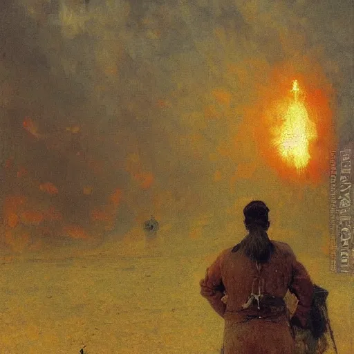 Image similar to high quality high detail painting by ilya repin, man standing in front of huge explosion, hd