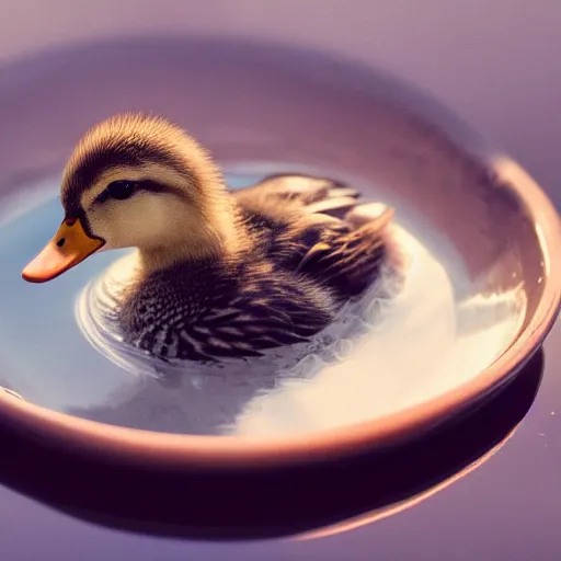 Prompt: cute duckling swimming in a small bowl of water, photography, minimalistic, 8 k