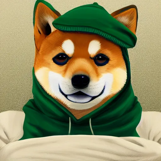 Image similar to a Shiba Inu wearing a green hoodie sitting on a couch, photo, trending on artstation, HDR, nicely detailed, 8k