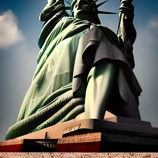 Prompt: photomanipulation of statue of liberty sitting down with legs crossed, humor, ultrarealism, detailed, trending on artstation