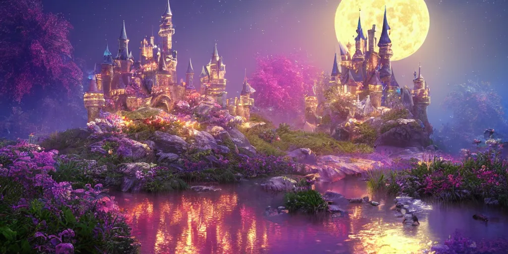 Image similar to a single glittering fairy castle at night, a full moon, water and colourful flowers, extremely detailed oil painting, unreal 5 render, fantasy digital art, octane render, beautiful composition, trending on artstation, award-winning photograph, masterpiece