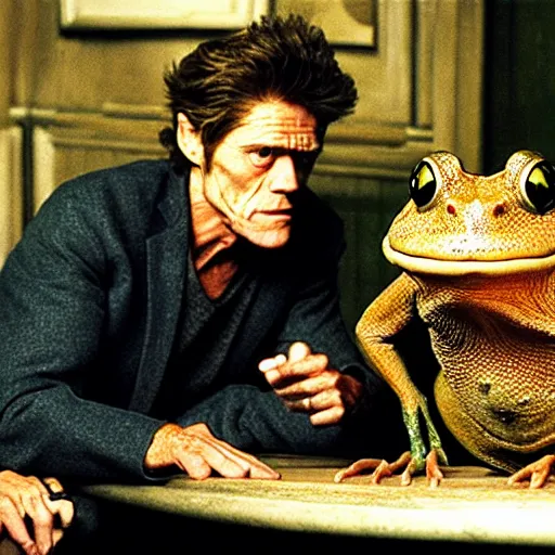 Prompt: willem dafoe and a huge toad sitting in a bar, frog, realistic, from a movie directed by martin scorsese