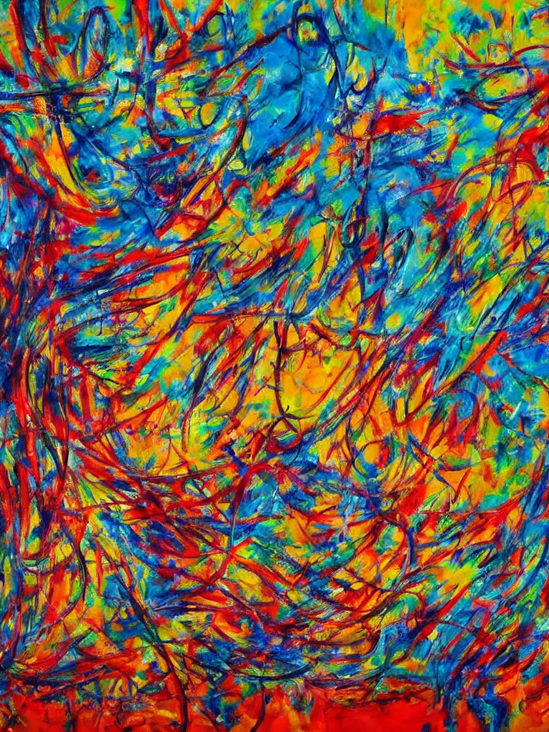 Prompt: abstract oil on canvas vibrant colors painting, wild large thick strokes, detailed, realistic, pollock