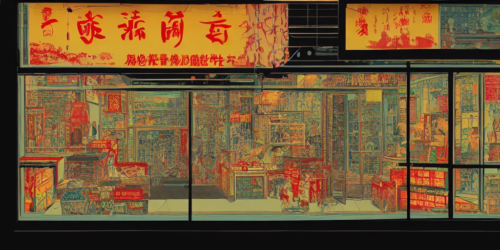 Image similar to a shop window in hong kong, by dan mumford and peter doig and edward hopper, minimal, black in, thick lines highly detailed, muted colours, overlaid with chinese adverts, 8 k