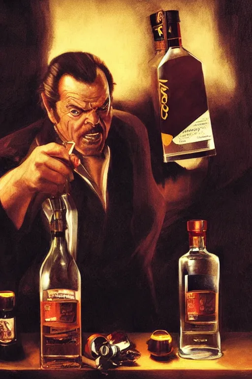 Prompt: a whiskey bottle is jack nicholson, jack nicholson is the bottle, by caravaggio and artgerm and greg rutkowski