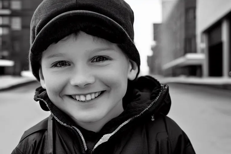 Image similar to still photo of a canadian child boy smiling at the camera on the street, black and white color aesthetic, highly detailed, photorealistic portrait, bright studio setting, studio lighting, crisp quality and light reflections, unreal engine 5 quality render