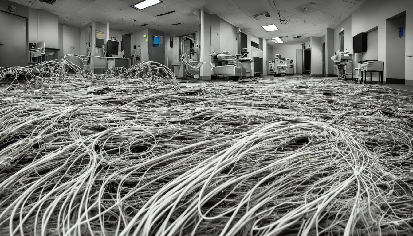 Image similar to Hospital ward floor scattered with hundreds of fish skeletons , decimated barren rooms littered with emerging wires and cables that grow like plants , full colour , upscale , 4k