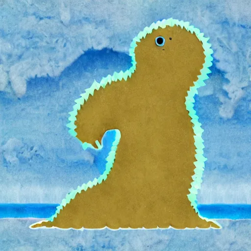 Prompt: collage art representing a Kaiju shaped like a water bear in a desert