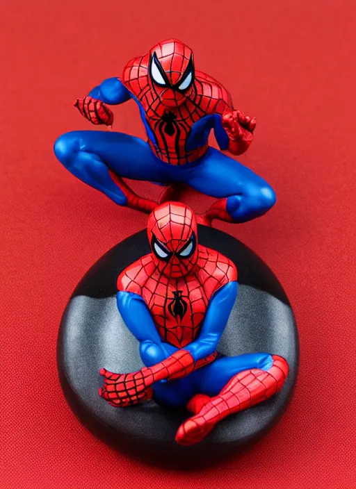 Prompt: 80mm resin detailed miniature spiderman, sitting on a football, pouting, Product Introduction Photos, 4K, Full body,