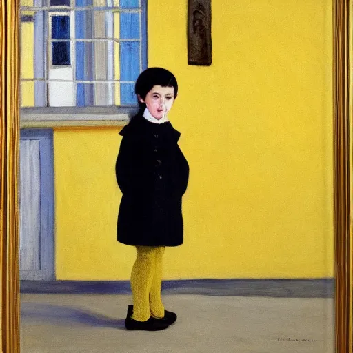 Prompt: a painting of a little girl with short black hair and wearing a yellow coat alone in the inner courtyard of an abbey by hopper