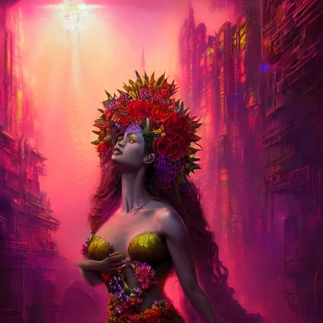 Image similar to Beautiful 3d render of the flower queen goddess in a sensual pose, atmospheric lighting, painted, intricate, volumetric lighting, beautiful, rich deep colours masterpiece, sharp focus, ultra detailed, in the style of Dan Mumford and marc simonetti, with a crowded futuristic cyberpunk city in the background, astrophotgraphy