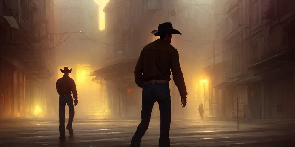 Prompt: a solo cowboy walking in an abandoned city street, cinematic, volumetric moody lighting, highly detailed, digital painting, artstation, concept art, matte, sharp focus, illustration, art by artgerm and greg rutkowski and alphonse mucha