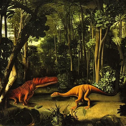 Prompt: a jurassic forest painted by caravaggio.