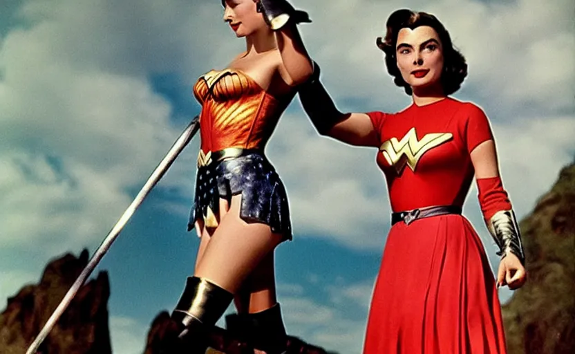 Prompt: a young ingrid bergman as wonder woman. colourful. 1 9 5 0 s. symmetrical. beautiful. powerful.