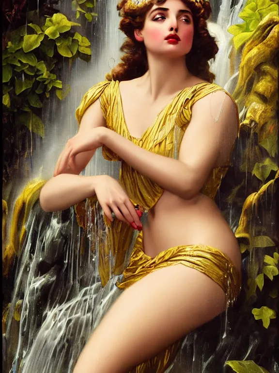 Image similar to Ana de armas as the Roman goddess of the waterfall, a beautiful art nouveau portrait by Gil elvgren, Roman temple environment, centered composition, defined features, golden ratio, gold jewlery, photorealistic professional lighting, cinematic