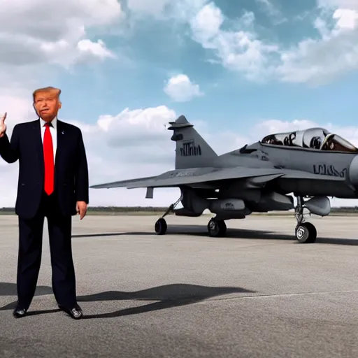 Prompt: Donald Trump with jet fighter pilots body, realistic artstyle, wide shot, dramatic lighting, octane render, hyperrealistic, high quality, highly detailed, HD, beautiful, cinematic, 8k, unreal engine, facial accuracy, symmetrical