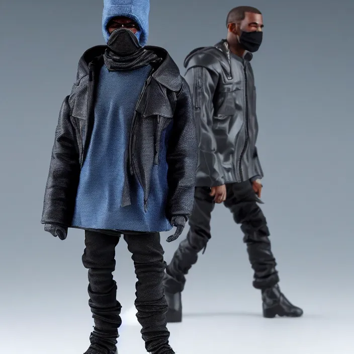 Prompt: a hot toys figure of kanye west using a full face covering black mask, a small, tight, undersized reflective bright blue round puffer jacket made of nylon, dark jeans pants and big black balenciaga rubber boots, figurine, detailed product photo