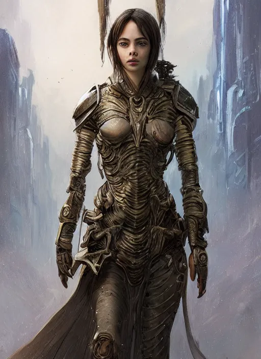 Image similar to a professional portrait of a beautiful young female, clothed in ethereal battle armor, olive skin, long dark hair, beautiful bone structure, symmetrical facial features, intricate, elegant, digital painting, concept art, smooth, sharp focus, finely detailed, illustration, from Valerian and the City of a Thousand Planets, in the style of Ruan Jia and Mandy Jurgens and Artgerm and Greg Rutkowski and William-Adolphe Bouguerea