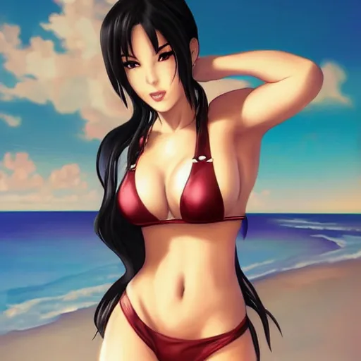 Image similar to beautiful tifa from final fantasy in a bikini on the beach making eye contact drawn by artgerm