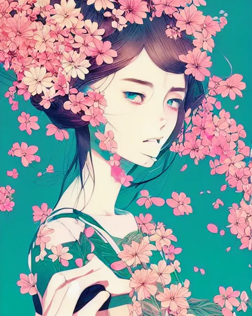 Prompt: beautiful girl next to floral bomb, detailed manga illustration!! intricate details, perfect face, perfect body, aesthetically pleasing pastel colors, poster background, aesthetic details, art by conrad roset and ilya kuvshinov