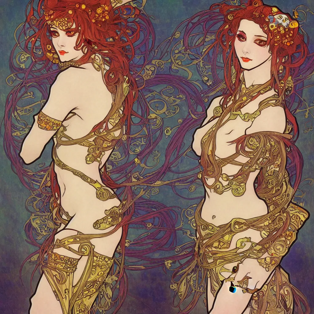 Image similar to Jinx from League of Legends made with a combination of the art styles of Alphonse Mucha and Gustav Klimt. Masterpiece. High Quality Details