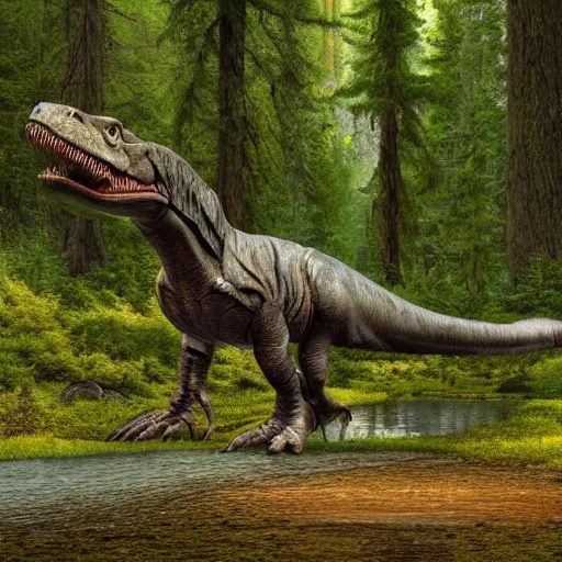 Image similar to a t rex in an canadian forest, 4 k high - resolution photograph, ultra detail, hd photo