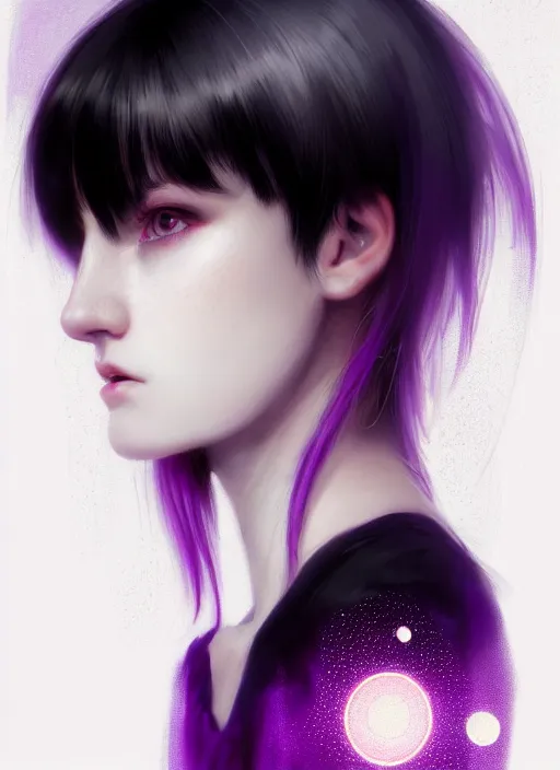 Image similar to portrait of teenage girl, red irises, bangs, black and white hair, white bangs, purple clothes, white bangs, bangs, black hair and white bangs, intricate, elegant, glowing lights, highly detailed, digital painting, artstation, concept art, smooth, sharp focus, illustration, art by wlop, mars ravelo and greg rutkowski